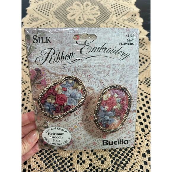 Bucilla 90s Heirloom Brooch Pair- Ribbon Embroidery Kit- May Slower- unopened - Picture 1 of 4